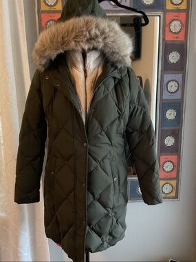 Ralph Lauren Olive Green Quilted Puffer Coat with Faux Fur Hood